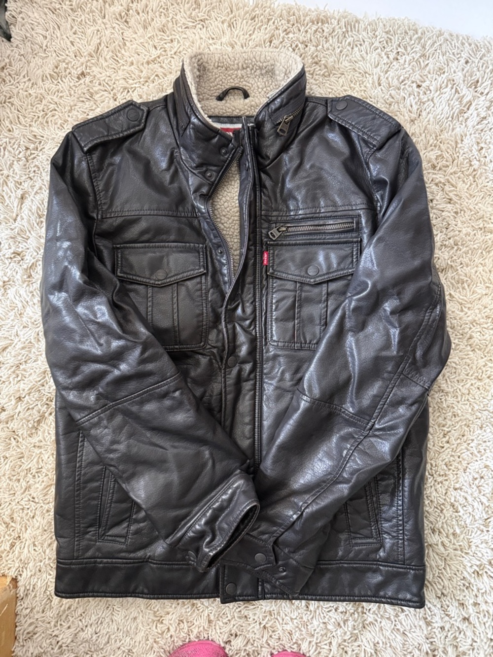 Levi's Black Faux Leather Sherpa-Lined Military Field Jacket